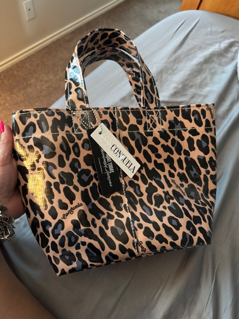 Consuela Leopard Mini Tote in Tan, Black & Blue - Picture 6 of 9